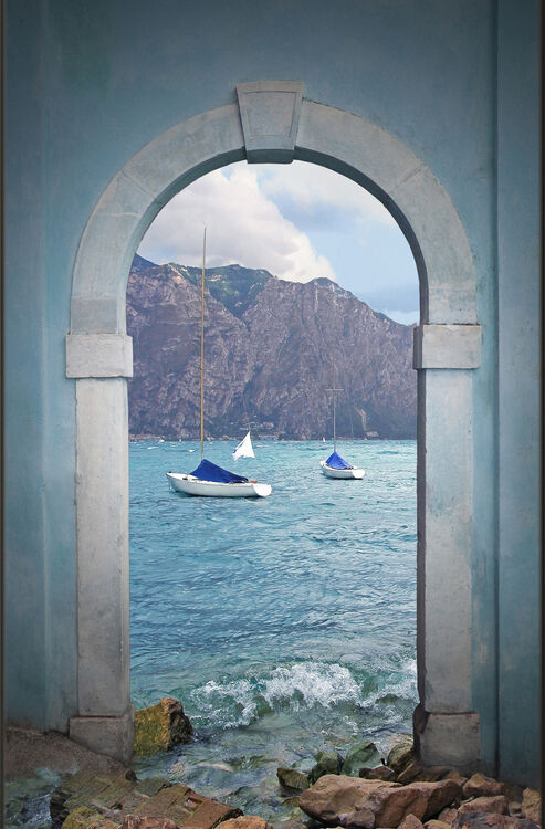 collage four seasons – tulip field, garda lake, karwendel valley