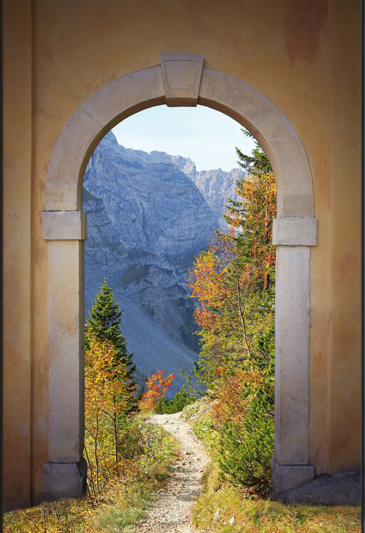collage four seasons – tulip field, garda lake, karwendel valley